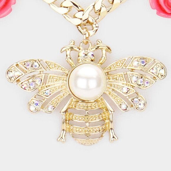 Pearl Center Honey Bee Flower Pendant Necklace Set - Picture 4 of 8